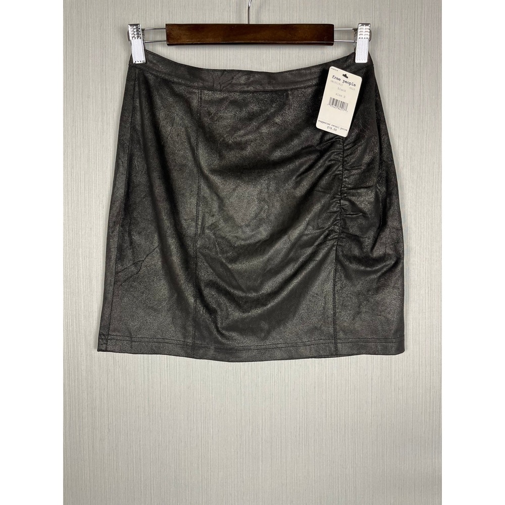 Free People Skirt Womens S Black Rumi Ruched Faux‎ Suede Mini Metallic Boho Edgy